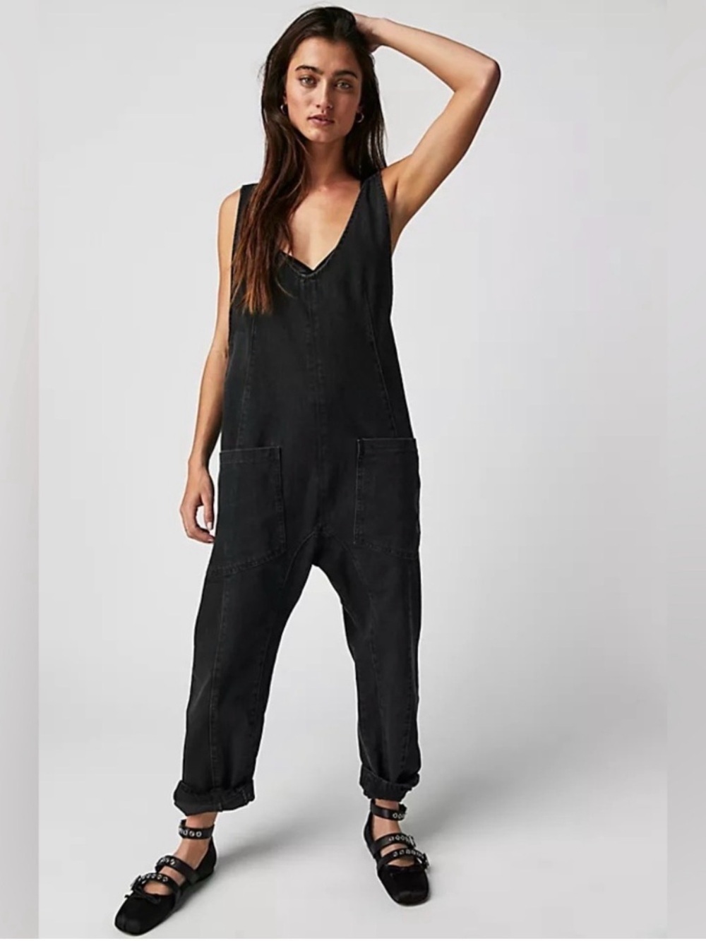 Free People Black Denim High Roller Overalls Size XS